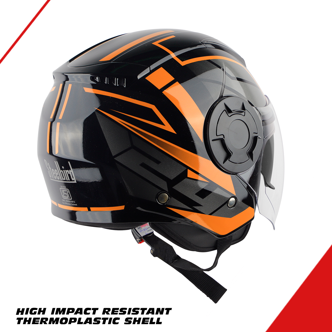 Steelbird SBH-31 Baron 24 ISI Certified Open Face Helmet For Men And Women With Inner Sun Shield(Dual Visor Mechanism) (Glossy Black Orange)
